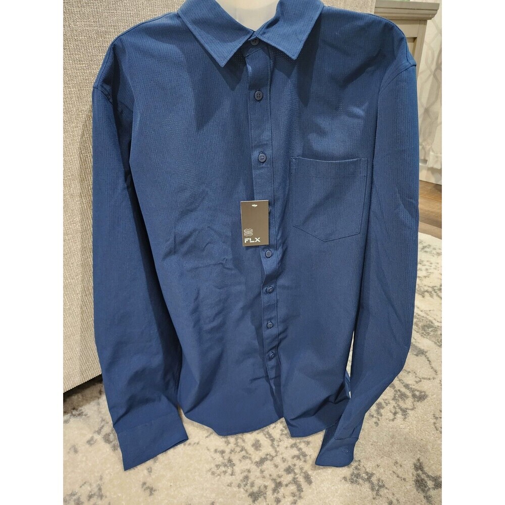 NEW FLX Mens Performance Untucked-Fit Long Sleeve Button Down Shirt Size LT Navy